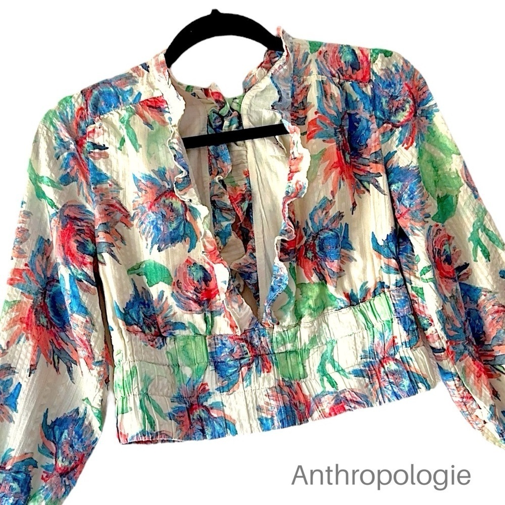 ANTHROPOLOGIE FLORAL BANDED CROP TOP LONG SLEEVE V-NECK RUFFLED TIE BACK | SMALL